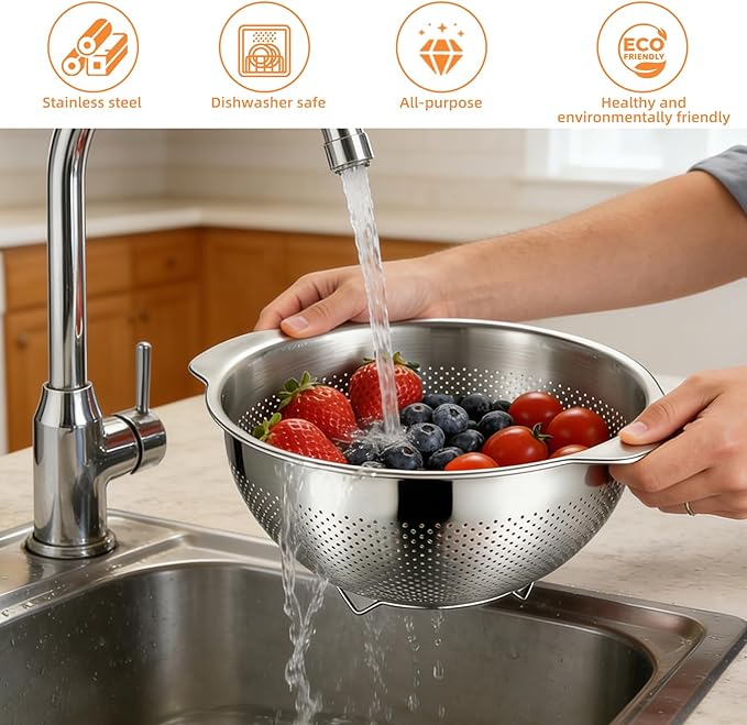Colanders & Food Strainers,304 Stainless Steel Colander,3 Pcs Kitchen Strainers(2.5QT, 3.5QT, 5QT) for Pasta, Rice, Vegetables,Dishwasher Safe Metal Colander with Handles,Kitchen Gift