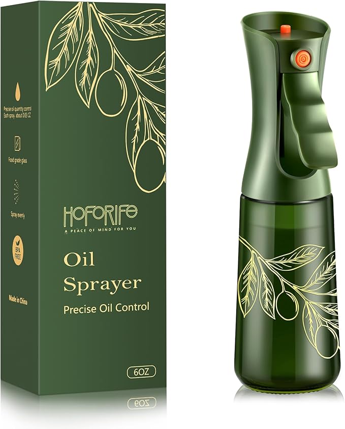 Glass Olive Oil Sprayer for Cooking, Oil Mister Continuous Cooking Spray with Portion Control for Kitchen 200ml/7oz (Green Bottle, Gold Print)