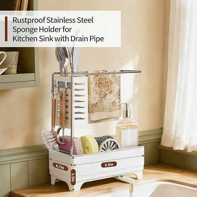 MOUKABAL Sponge Holder for Kitchen Sink, 2-Tier Sink Caddy Organizer with Drain Holes and Hooks, Holds Dishcloth, Sponge & Brushes, Kitchen Countertop Storage for New Home Essentials Off-white