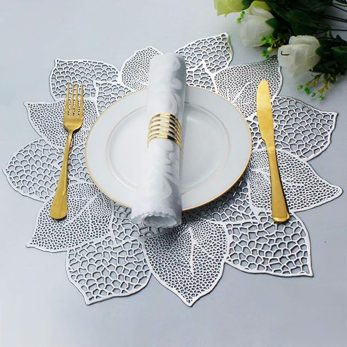AdasBridal Silver Round Placemats for Dining Table Set of 6 Pressed Vinyl Metallic Table Mats Hollow Out Hibiscus Flower Place Mats for Dinner Decor Holiday Wedding Accent Centerpiece