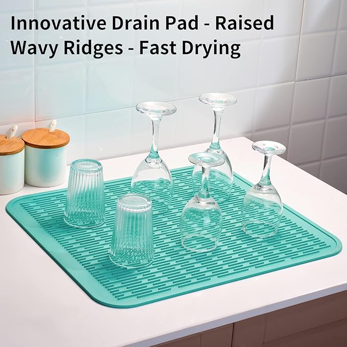 ZLR Large Silicone Dish Drying Mat (16" x 18") - XL Heavy Duty Drainboard Mat for Pots, Pans & Family Loads - Heat Resistant Trivet & Counter Protector, Easy Clean (Mint Green)
