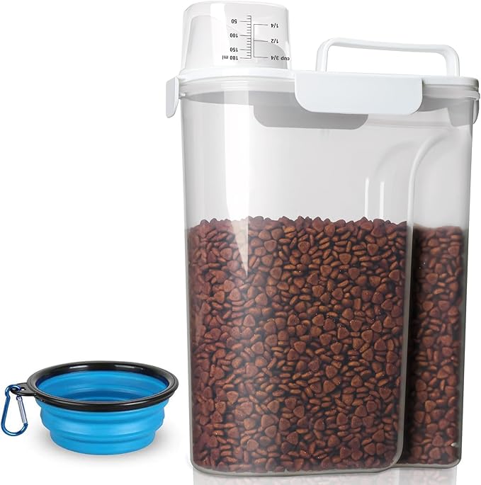 TIOVERY Dog Food Storage Container, 5-7 Lbs Airtight Pet Food Container, Cat food Container Dispenser with Portable Handle, Pouring Spout, Measuring Cup and a Collapsible bowl for Dogs Cats White/6Qt