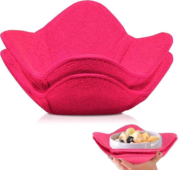 Set 2X Pink 7" sq. x 4" H Inch Microwave Bowl Cloth Hot Pads Pot Holders Polyester Microwavable Bowl Cozies for Food, Ooma, Ramen Bowls Cozy or Soup Koozie, Good Kitchen Accessories, Gadgets