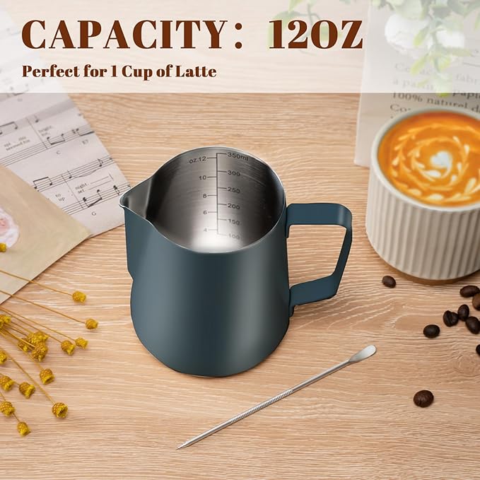Amrules Milk Frothing Pitcher, 12 oz Milk Frother Cup with Clear Scale, 304 Stainless Steel Cappuccino Espresso Machine Accessories for Barista Coffee Bar with Latte Art Pen, Blue