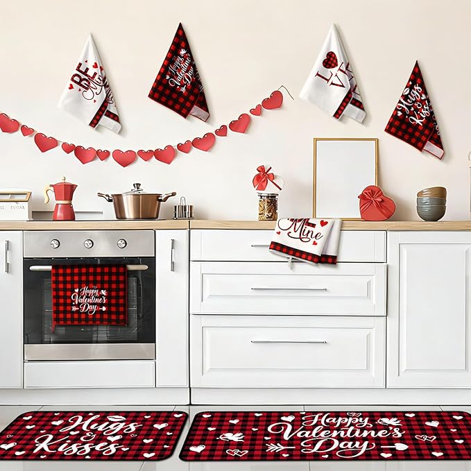 VitalCozy 10 Pcs Valentine's Day Buffalo Plaid Kitchen Decor Set Oven Mitts and Pot Holders Heart Kitchen Towels and Rugs for Chef Baking Cooking Grilling BBQ Gift
