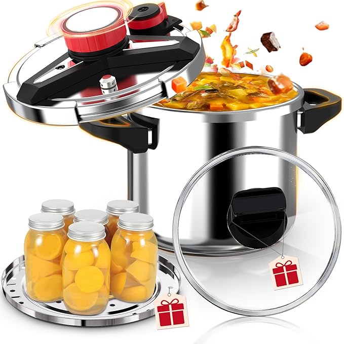 18/8 Stainless Steel Pressure Cooker 12 Quart, [One-Hand Locking] Olla de Presion, [3-In-1] Pressure Canner, Induction Compatible, Gas Stovetop Compatible,Includes Glass Lid & Steamer Rack