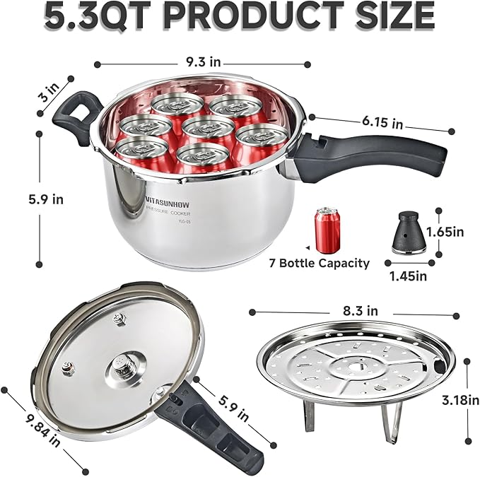 Stainless Steel Pressure Cooker with Steamer Basket, Faster Cooking and Safety Pressure Release (5-Liter)