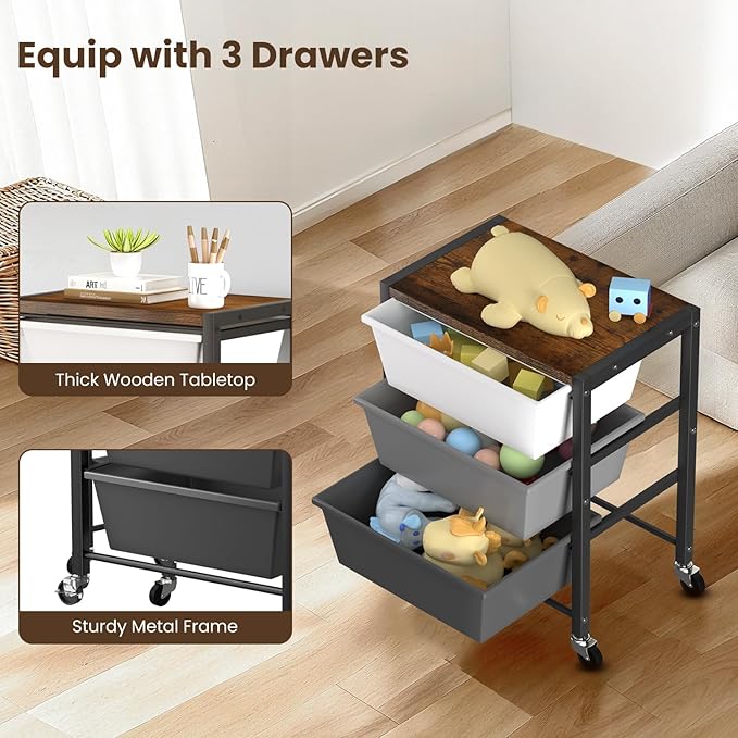 Rolling Cart with 3 Drawers, Plastic Drawer Storage Carts with Lockable Wheels & Wooden Tabletop, Metal Utility Cart Organizer, Office Bedroom Classroom Craft Organization and Storage, Dark Grey