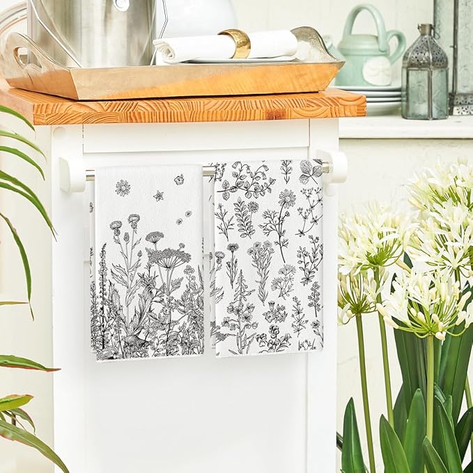 Artoid Mode Antique Herbs Wild Flowers Leaves Spring Kitchen Towels Dish Towels, 18x26 Inch Seasonal Decoration Hand Towels Set of 2