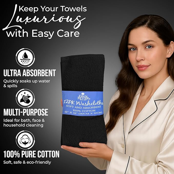DAN RIVER 12 Pack Wash Cloths for Showering [12x12] - 100% Cotton Washcloths Premium Quality Flannel Face Cloths for Bathroom, Highly Absorbent and Soft Feel Wash Clothes, Black