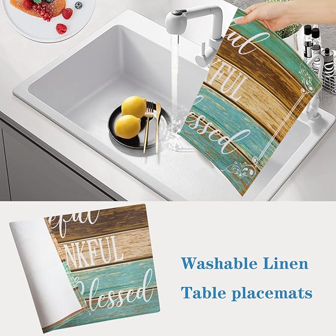 Farmhouse Placemats Set of 6 Thanksgiving Dining Table Placemats Rustic Teal Cloth Place Mats - Linen Washable Wipeable Heat Resistant Decorative Table Mats for Kitchen Coffee Dinner