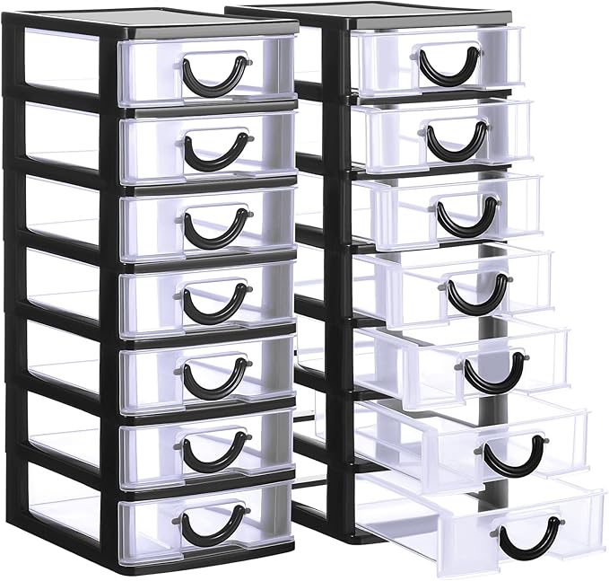 Thyle 2 Pcs Plastic Drawers Organizer Mini Organizer Stackable Plastic Clear Drawer Storage Box Containers Storage Units for Desktop Classroom Craft 6.7 x 4.9 x 13.4 inches(Black)