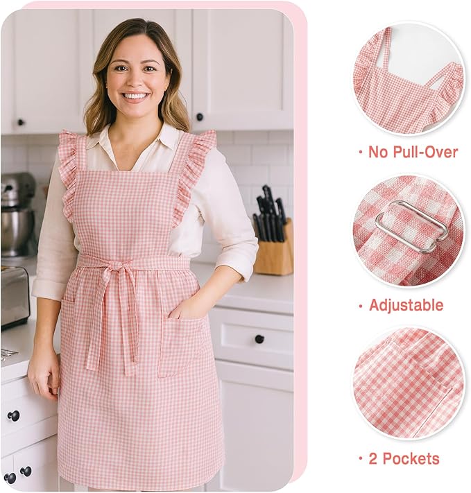 Vintage Gingham Apron for Women, Ruffle Straps, 2 Pockets, Soft Cotton, Apron Dress Style for Cooking & Baking