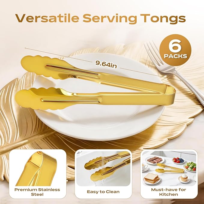 6 Pack Stainless Steel Serving Tongs, 9 Inch Gold Salad Tongs Serving Utensils Buffet Tongs Gold Plated Heavy Duty Reusable Metal Kitchen Clips for Salad, Snack, Barbecue, Catering, Wedding, Party
