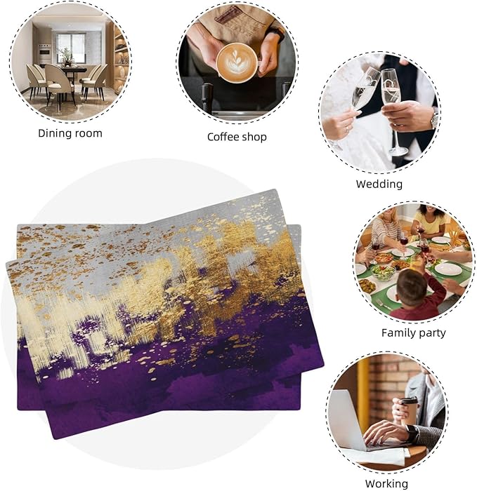 Purple Gold Abstract Linen Placemats Set of 4, Heat Resistant Wipeable Purple Place Mats for Kitchen Dining Table Holiday Wedding Party Outdoor Farmhouse Gardening, Kitchen Home Decor, 12 x 18 Inch