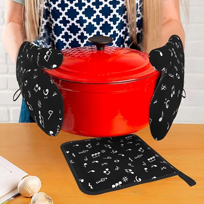 Music Notes Oven Mitts and Pot Holders Sets of 3 Black Hot Pads Musicial Oven Gloves Heat Resistant Non Slip Washable for Kitchen Cooking Grilling Baking