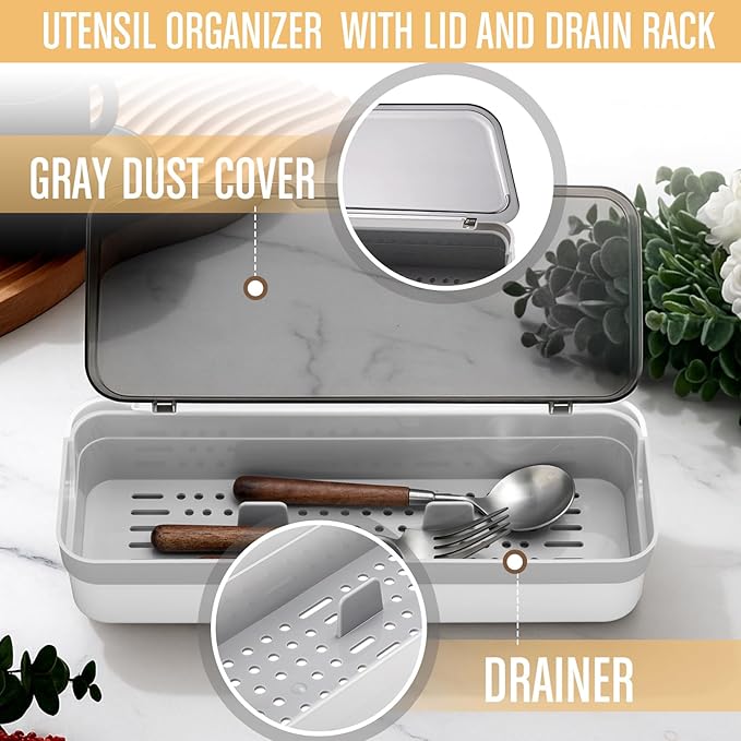 LemonRoad 2 Pcs Plastic Kitchen Drawer Organizer with Lid and Drainer, Utensil Organizer, Gray Flatware Storage Box and Drain Rack Suitable for Home Kitchen, Spoons, Forks, Knive, Silverware Flatware