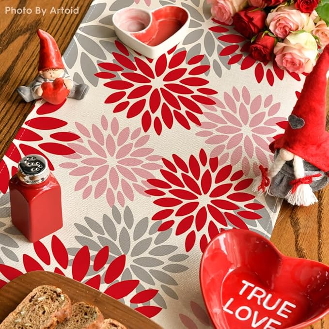 Artoid Mode Red Pink Dahlia Floral Pinnata Christmas Table Runner, Valentine Summer Kitchen Dining Table Decoration for Home Party Decor 13x36 Inch