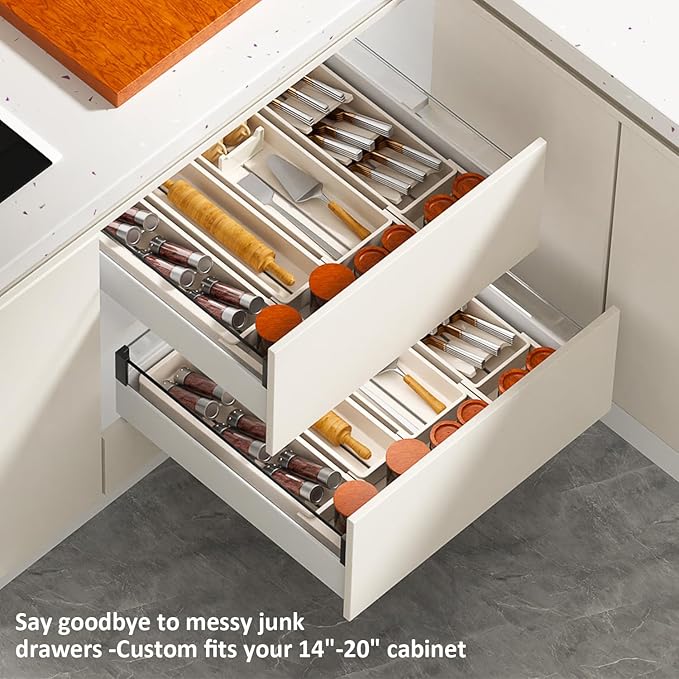 Silverware Drawer Organizer with Expandable Panel & Removable Dividers – Fits 15.67" to 21.18" Kitchen Drawers, Space-Saving Utensil Storage Solution (Milk White, W17.3 x L15.7 inches)