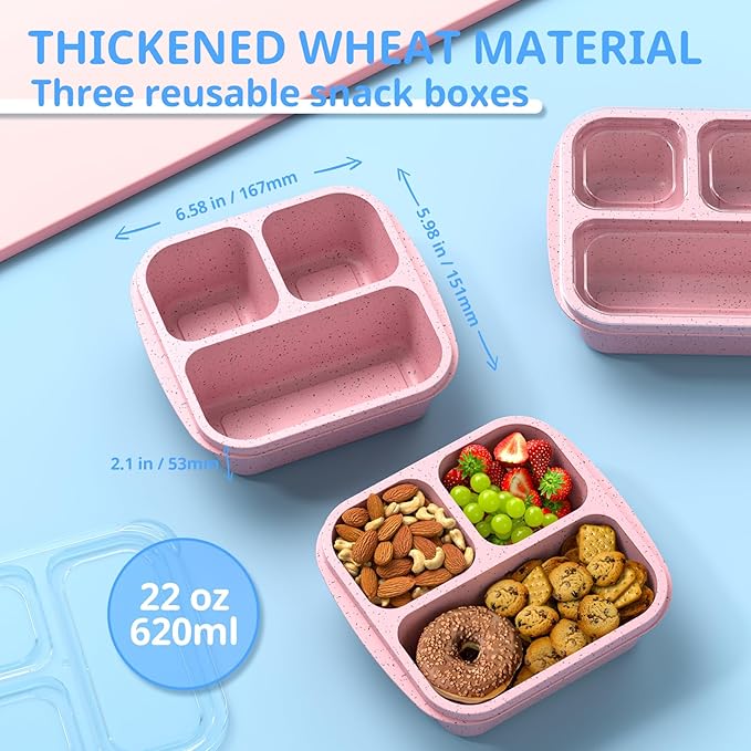 Snack Boxes (3 Pack) - Stackable Bento Boxes with 3 Compartments, Meal Prep Containers Reusable, Lightweight Lunch Containers for Kids and Adults, BPA Free (Pink)