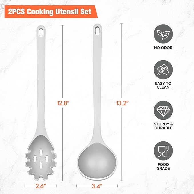Silicone Spaghetti Spoon&Soup Ladle Cooking Utensils Set of 2,No Scratch for Nonstick Cookware,BPA Free, 450℉ Heat Resistant (GRAY)