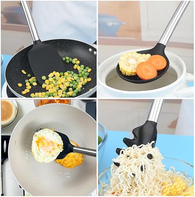 KLAQQED 5Pcs Silicone Spatula Heat Resistant Long Large Spatulas Set for Nonstick Cookware, Rubber Pancake Fish Turner Spatula for Kitchen Use Silicone Cooking Kitchen Utensils Set Black