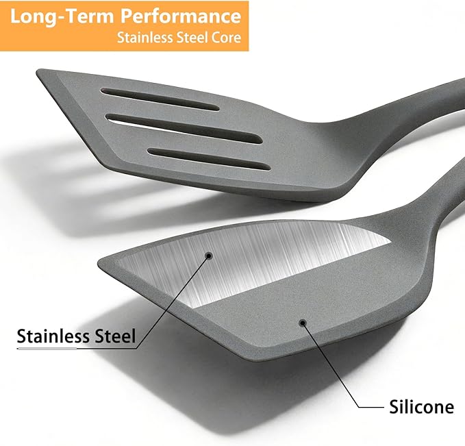 Silicone Spatula Turner Set, 600°F High Heat Resistant Spatulas for Cooking, BPA Free, Large Flexible Kitchen Utensils Flipping Eggs, Pancakes, Fish, Burgers, Dishwasher Safe (4 Pack, Gray)