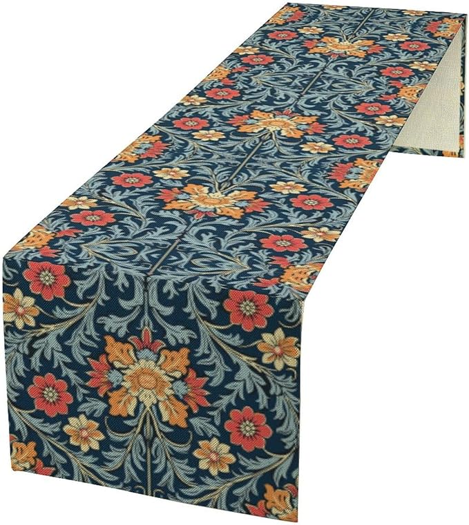 William Morris Table Runner Rural Farmhouse Vintage Flower Art Printed Dinner Runner for Home Kitchen Dining Table Decor Fabric 1 Panel W13xL120in