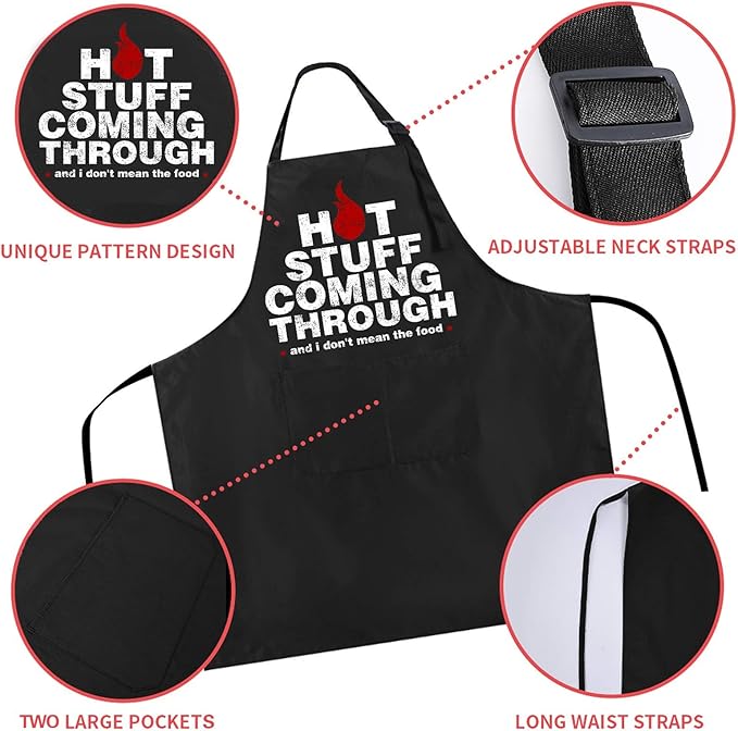 Rosoz Funny BBQ Black Chef Aprons for Men, Hot Stuff Coming Through, Adjustable Kitchen Cooking Aprons with Pocket Waterproof Oil Proof Valentine's Day/Birthday