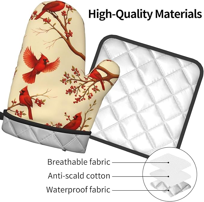 Red Cardinal Oven Mitts and Pot Holders Sets of 3, Non-Slip Christmas Heat Resistant Kitchen Gloves Hot Pad, Cardinal Gifts for Women, Rustic Christmas Kitchen Decor, Baking Cooking Grilling Gifts