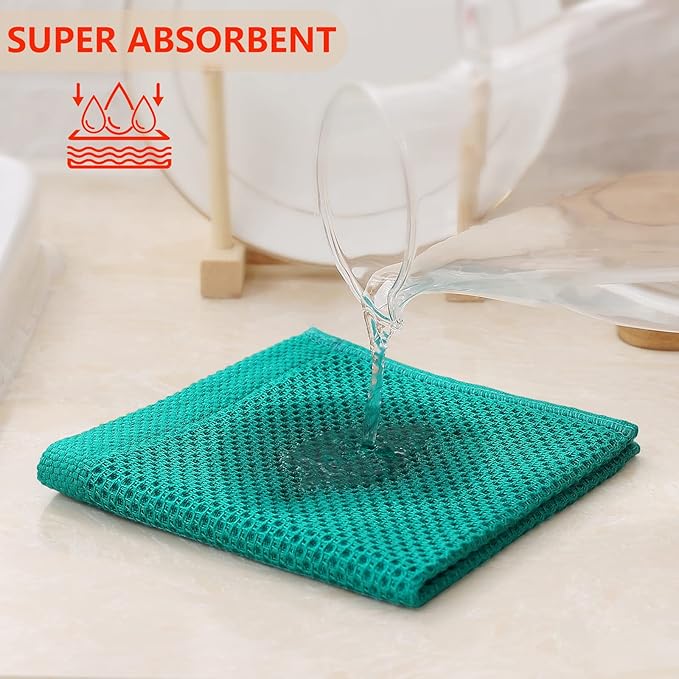 Kitinjoy 100% Cotton Kitchen Dish Cloths (12 X 12 Inches, Teal), 6 Pack Waffle Weave Ultra Soft Absorbent Dish Towels for Drying Dishes Quick Drying Kitchen Towels Dish Rags