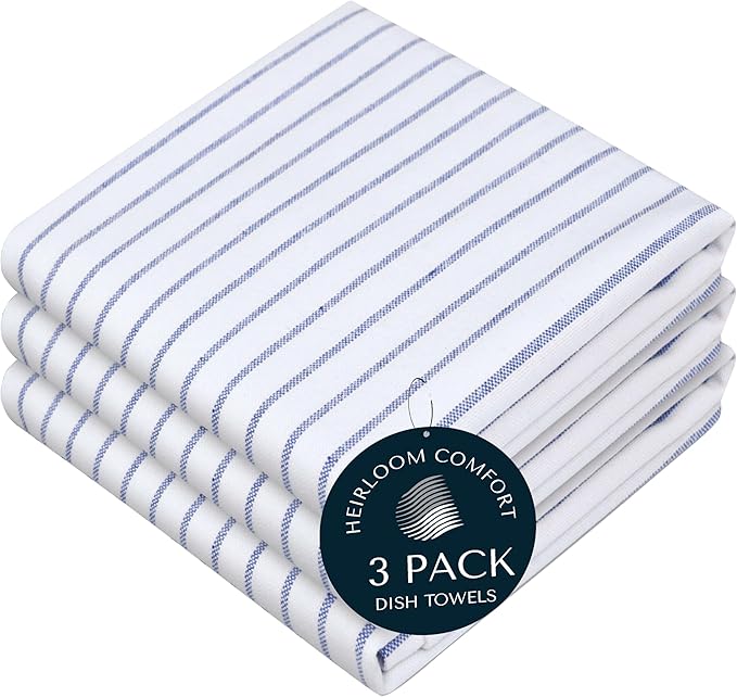 Indigo Blue Stripe Kitchen Towels, 3 Pack, 100% Cotton, Super Absorbent and Quick Dry, Classic Striped Towel Set, Durable Dish Cloths for Kitchen Use, Cleaning & Drying Dishes