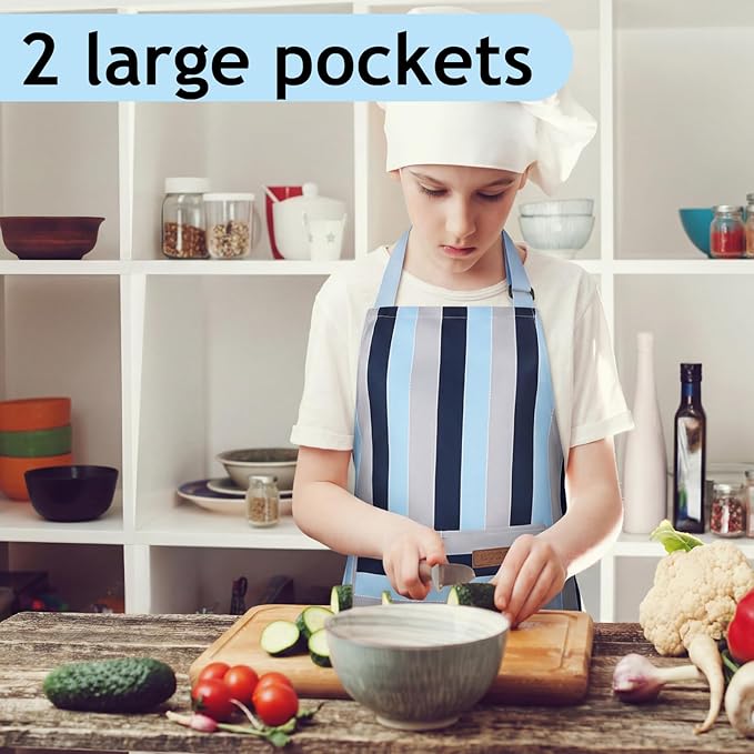 2 Pack Stripes Kids Apron, Kids Cooking Aprons with 2 Pockets, Cute Aprons for Cooking for Boys and Girls