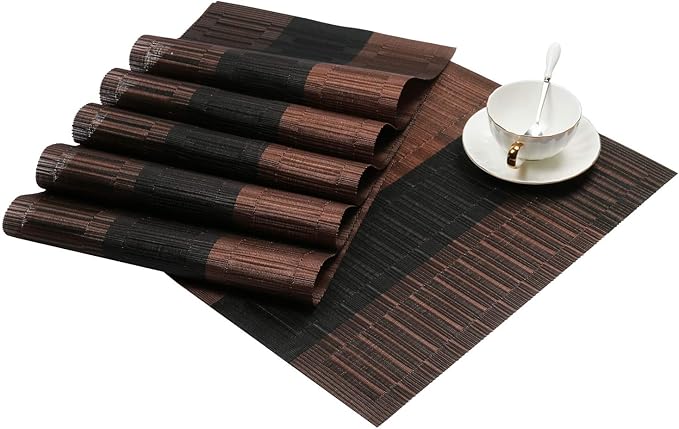 SHACOS Placemats Set of 6 Woven Vinyl Place Mats for Dining Table Heat Resistant Table Mats Wipeable (6, Ombre Coffee Black)
