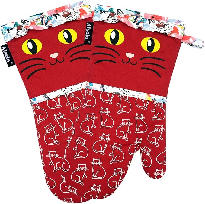 Alselo Oven Mitts, Heat Resistant with Soft Quilted Cotton Lining Set of 2, Fashion Animal Design with Silicone Printing Anti-Slip Kitchen Gloves for Safe Backing Cooking Barbecue (Red 2)