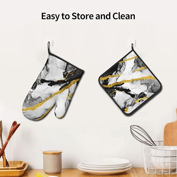Black White Marble with Gold Stripes Oven Mitts and Pot Holders Set of 3, Non-Slip Heat Resistant Modern Abstract Art Hot Pads Kitchen Gloves for Cooking Grilling Baking, Gifts for Women, Home Decor