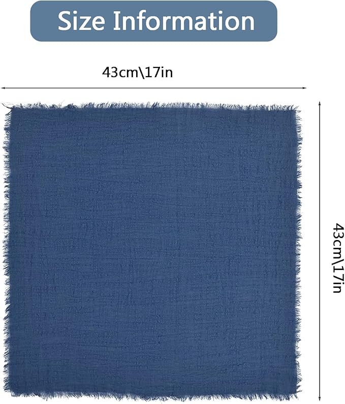 Cotton Blend Fringe Cloth Napkins - Crinkle Gauze Dinner Napkins, Reusable & Washable Table Napkins, 17" x 17" (43 x 43 cm), Multiple Colors, 12/24/48/100 Pack (24, Denim Blue)