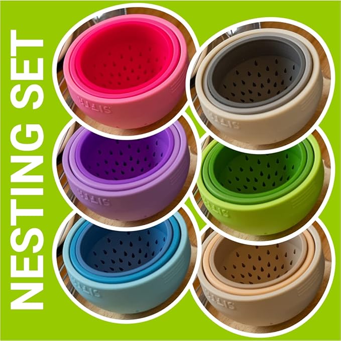 (GREEN) Nesting Can Strainer Mini Colander Set - Space Saving Small Colanders and Strainers - Multi Use Kitchen Gadget - Silicone Can Strainer