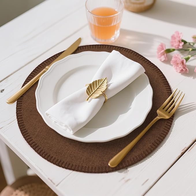 Round Placemats Set of 6, 15 Inch Linen Fabric Table Placemats, Heat Resistant, Wrinkle Free Washable Placemats Kitchen Place Mats Set of 6 for Dining Table Party Table (Coffee, 6)