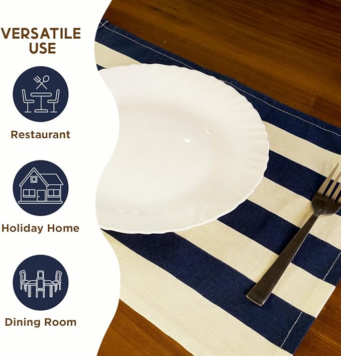 Folkulture Placemats Set of 4 (13 x 18) | 100% Cotton,Cute, Heat Resistant,Machine Washable Striped Place Mats | Blue & White Rectangular Cloth Table Placemats or Dining Table Mats for Dinner Party