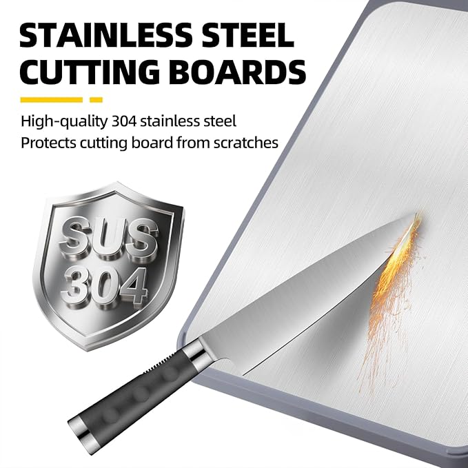2 In 1 Cutting Boards Non Toxic for Gourmet Kitchen Aficionados - 304 Stainless Steel and Food Grade Wheat Straw Double Sided Design - Easy-Clean With Juice Groove (HQ-B002)