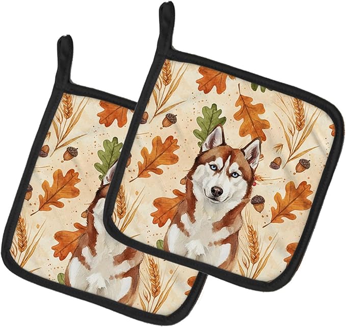 Caroline's Treasures Red and White Siberian Husky Heirloom Fall Pair of Pot Holders Pair 7.5x7.5 Quilted Insulated Hot Pads Decorative Kitchen Gift Made in USA