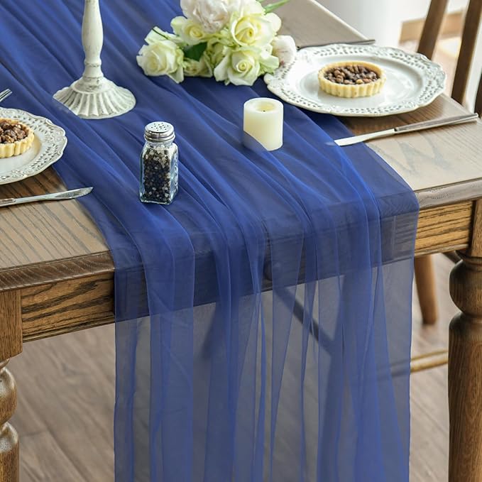 Artoid Mode Navy Blue Gauze Table Runner 120 Inch 10FT, Seasonal Sheer Kitchen Dining Holiday Wedding Birthday Baby Shower Table Decor for Home Party