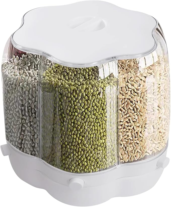 Cereal Dispenser Countertop 360° Rotating Grain Storage Container 13.2-27.56 Lbs Rice Dispenser 6 Grids Dry Food Dispenser Candy Dispensers for Grains, Beans, Rice (White, 17.64Lbs)