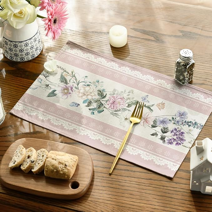 Artoid Mode Pink Printed Lace Floral Spring Placemats Set of 4, 12x18 Inch Seasonal Summer Holiday Table Mats for Party Kitchen Dining Decoration