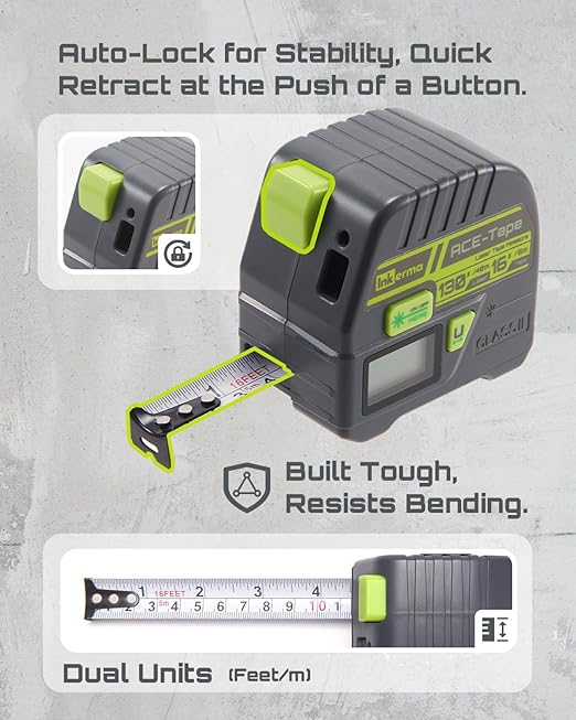 2-in-1 Laser Tape Measure, Inkerma 130Ft/40m Laser Measurement Tool & 16Ft/5m Measuring Tape, Digital Laser Tape Measure with M/in/Ft/Ft+in Units, LCD Display, Self-Locking Tape, Belt Clip