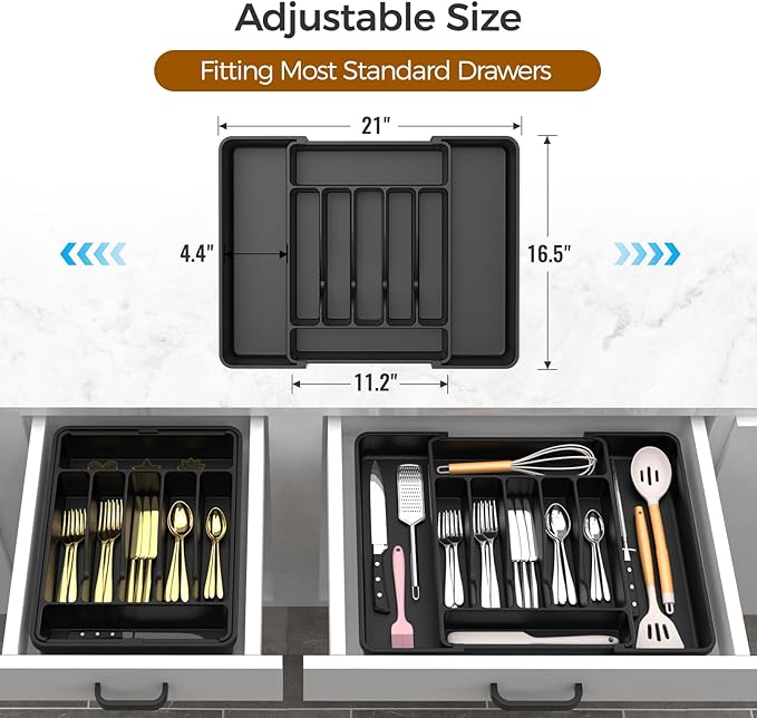 ukeetap Extra Large Expandable Silverware Organizer, BPA-Free Food-Safe Cutlery Flatware Organizer, Kitchen Utensil Drawer Organizer, Adjustable Silverware Holder for Spoons Forks Knives, Black