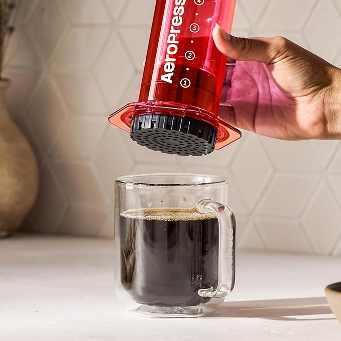AeroPress Clear Red Coffee Press - All-in-One French Press, Pour-Over & Espresso Style Manual Brewer, 2 Min Brew for Less Bitterness, More Flavor, Small Portable Coffee Maker, Travel & Camping