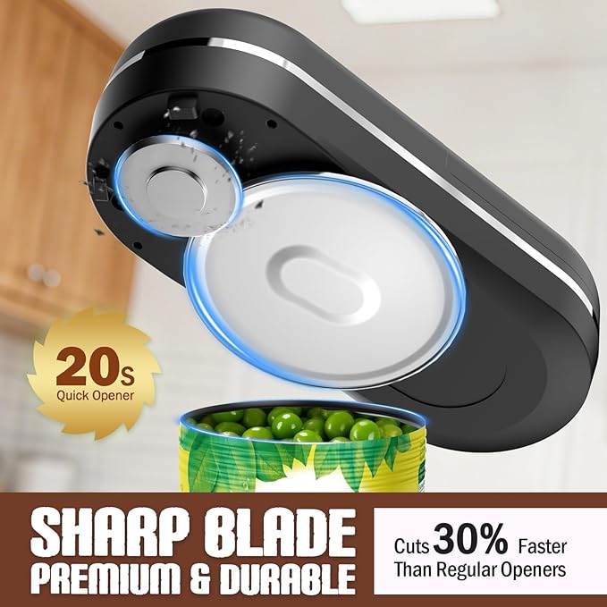 Electric Can Opener, One Touch Automatic Smooth Edge, Hands Free Side Cut Can Opener for Seniors, Battery Operated, Fits Most Cans, Safe & Easy to Use, Food Safe, Easy Clean Kitchen Gadget (Black)