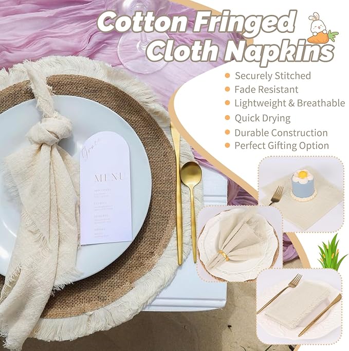 Showgeous 60 Pack Natural Cloth Napkins with Fringe 16x16 inch 100% Cotton Napkins Handmade Dinner Napkins Bulk Washable Soft Rustic Table Napkins for Wedding Parties Bridal Baby Shower